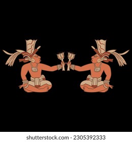 Symmetrical ethnic design with two sitting ancient Mayan men holding flowers. Indigenous Native American art. On black background.