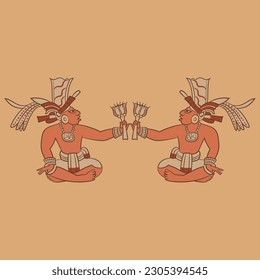 Diseño étnico simétrico con dos hombres mayas sentados sosteniendo flores. Arte indígena nativo americano.