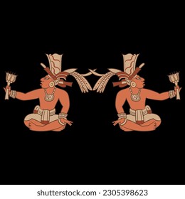 Symmetrical ethnic design with two sitting ancient Mayan men holding flowers. Indigenous Native American art.