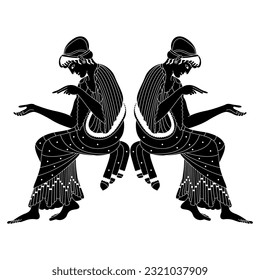 Symmetrical ethnic design with two sitting ancient Greek women. Vase painting style. Black and white negative silhouette.