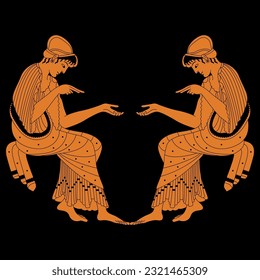 Symmetrical ethnic design with two sitting ancient Greek women. Vase painting style. On black background.