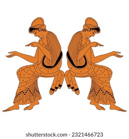 Symmetrical ethnic design with two sitting ancient Greek women. Vase painting style. Isolated vector illustration.