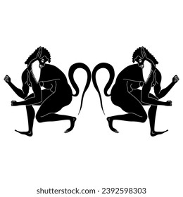 Symmetrical ethnic design with two squatting ancient Greek satyrs. Vase painting style. Black and white silhouette.