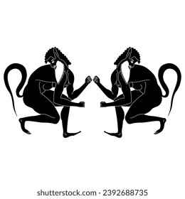 Symmetrical ethnic design with two squatting ancient Greek satyrs. Vase painting style. Black and white silhouette.