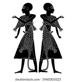 Symmetrical ethnic design with two standing ancient Egyptian priests. Black and white silhouette.