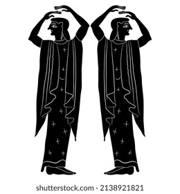 Symmetrical ethnic design with two standing ancient Greek women with raised up hands. Vase painting style. Black and white negative silhouette.