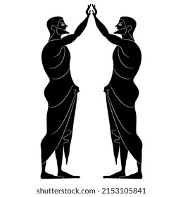Symmetrical ethnic design with two standing ancient Greek men touching raised arms. Vase painting style. Black and white negative silhouette.