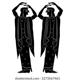 Symmetrical ethnic design with two standing ancient Greek women with raised up hands. Vase painting style. Black and white negative silhouette.