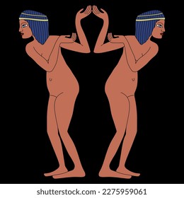 Symmetrical ethnic design with two standing ancient Egyptian girls holding hands. On black background.