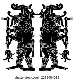 Symmetrisches ethnisches Design mit zwei stehenden Maya-Monstergärten, die Fackeln tragen. Codex-Design. Schwarz-Weiß-Silhouette.