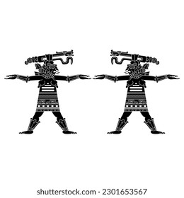 Symmetrical ethnic design with two standing ancient Ancient Mayan goddesses with serpents on her heads. Codex design. Indigenous Native American art. Black and white negative silhouette.