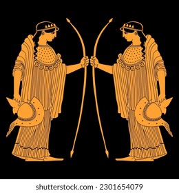 Symmetrical ethnic design with two standing warrior women. Ancient Greek goddess Athena holding bow and helmet. Vase painting style.