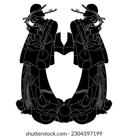 Symmetrical ethnic design with two standing Japanese women. Traditional style. Black and white negative  silhouette.