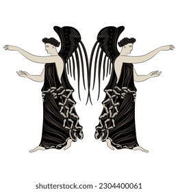 Symmetrical ethnic design with two standing winged antique women or angels. Ancient Greek goddess Nike. Isolated vector illustration.