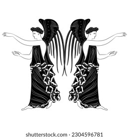 Symmetrical ethnic design with two standing winged antique women or angels. Ancient Greek goddess Nike. Black and white silhouette.