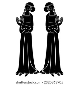 Symmetrical ethnic design with two standing medieval women in Gothic costumes. Black and white silhouette.