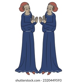Symmetrical ethnic design with two standing medieval women wearing blue dresses. Isolated vector illustration.