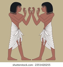 Symmetrical ethnic design with two standing ancient Egyptian men with raised hands. On yellow gold background.