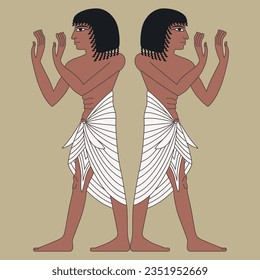 Symmetrical ethnic design with two standing ancient Egyptian men with raised hands. On yellow gold background.