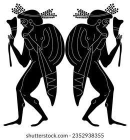 Symmetrical ethnic design with two standing ancient Greek men holding rhytons of wine. Vase painting style. Black and white negative silhouette.