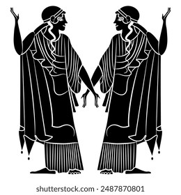 Symmetrical ethnic design with two standing ancient Greek women. Vase painting style. Black and white silhouette.