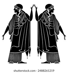 Symmetrical ethnic design with two standing ancient Greek women. Vase painting style. Black and white silhouette.