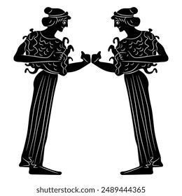 Symmetrical ethnic design with two standing Ancient Greek women. Vase painting style. Black and white silhouette.