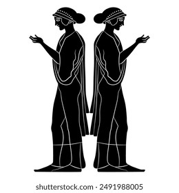 Symmetrical ethnic design with two standing ancient Greek women. Vase painting style. Black and white silhouette.