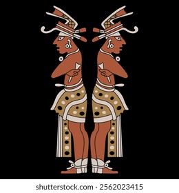 Symmetrical ethnic design with two standing Mayan men. Hero twins. Indigenous Native American art. On black background.