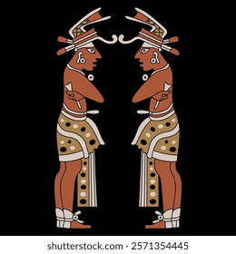 Symmetrical ethnic design with two standing Mayan men. Hero twins. Indigenous Native American art. On black background.