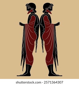 Symmetrical ethnic design with two standing ancient Greek men. Vase painting style.