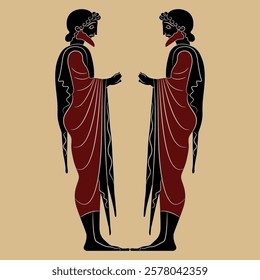 Symmetrical ethnic design with two standing ancient Greek men. Vase painting style.
