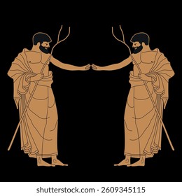 Symmetrical ethnic design with two standing greeting Ancient Greek men. Vase painting style.