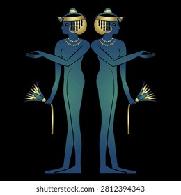 Symmetrical ethnic design with two standing ancient Egyptian girls holding lotus flowers. Blue and gold art on black background.