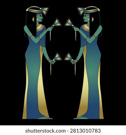 Symmetrical ethnic design with two standing ancient Egyptian women holding lotus flowers. Blue and gold art on black background.