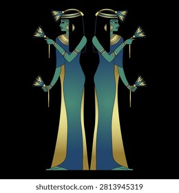 Symmetrical ethnic design with two standing ancient Egyptian women holding lotus flowers. Blue and gold art on black background.