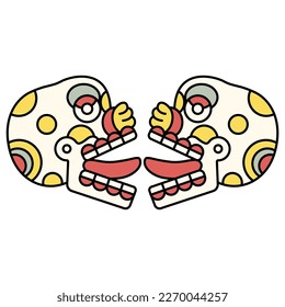 Symmetrical ethnic design with two stylized human skulls with stick out tongues. Ancient Mexican codex design of Aztec Indians. Miquiztli. Dia de los Muertos symbol. Merry dead head.