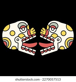 Symmetrical ethnic design with two stylized human skulls with stick out tongues. Ancient Mexican codex design of Aztec Indians. Miquiztli. Dia de los Muertos symbol. Merry dead head. 