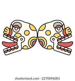 Symmetrical ethnic design with two stylized human skulls with stick out tongues. Ancient Mexican codex design of Aztec Indians. Miquiztli. Dia de los Muertos symbol. Merry dead head.