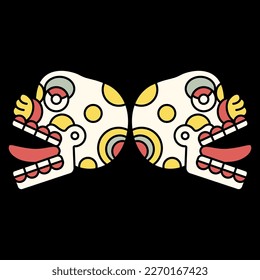 Diseño étnico simétrico con dos calaveras humanas estilizadas con lenguas salientes. Antiguo diseño de códex mexicano de indios aztecos. Miquiztli. Símbolo del Día de los Muertos. Merry, cabeza muerta.