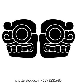 Symmetrical ethnic design with two stylized human skulls in profile. Native American design of Maya Indians. Black and white silhouette.