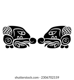 Symmetrical ethnic design with two stylized human heads. Ancient Mayan hieroglyph. Native American symbol. Black and white silhouette.