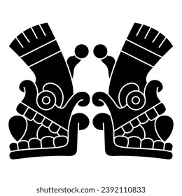 Symmetrical ethnic design with two stylized human skulls from Mexican codex. Native American design or Aztec Indians. Black and white silhouette.