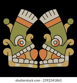 Symmetrical ethnic design with two stylized human skulls from Mexican codex. Native American design or Aztec Indians. On black background.