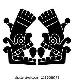 Symmetrical ethnic design with two stylized human skulls from Mexican codex. Native American design or Aztec Indians. Black and white silhouette.