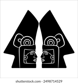 Symmetrical ethnic design with two stylized human heads from El Tajín, Veracruz, Mexico. Native American pre Columbian design. Hero twins. Black and white silhouette