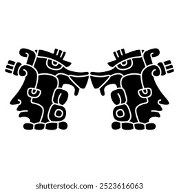 Symmetrical ethnic design with two stylized human heads. Native American art of Mayan Indians. Black and white silhouette.
