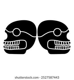 Design étnico simétrico com dois crânios humanos estilizados. Motivo ameríndio dos índios astecas. Cabeças de esqueleto. Silhueta em preto e branco.