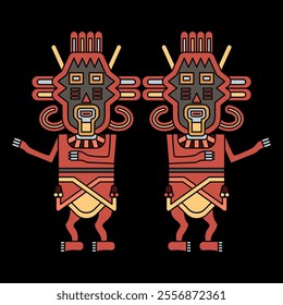 Symmetrical ethnic design with two stylized human figurines from Paracas. Twin heroes. Indigenous ethnic Native American design from ancient Peru. On black background.