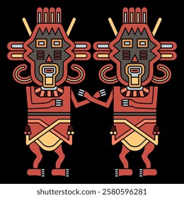 Symmetrical ethnic design with two stylized human figurines from Paracas. Twin heroes. Indigenous ethnic Native American design from ancient Peru. On black background.